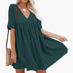 Casual Short Sleeve Loose Swing Dress V Neck Pleated Babydoll Tunic